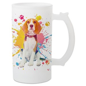 100 North Freezable Beer Stein Mug With Thumb Grip Handle, 16 Ounce Frosted Glass, Beagle Hound Dog Paint Splatter - 1 of 4