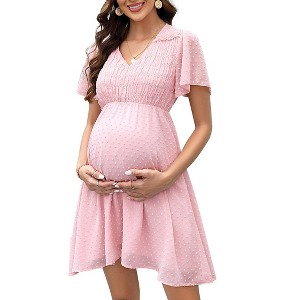 Summer Maternity V Neck Flutter Sleeve Ruffle Flowy Dress with Tiny Embroidered Highwaist Shirred Midi Dress - 1 of 4