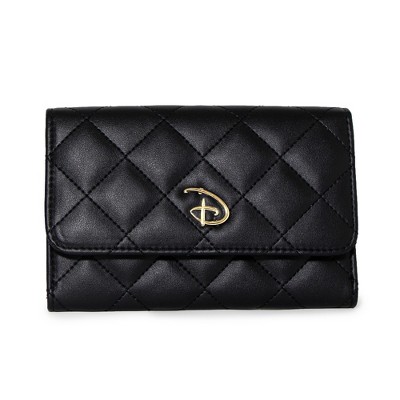 Disney Wallet, Foldover, Disney Signature D Logo Gold, Quilted Black Vegan Leather