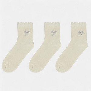Anna-Kaci Women's Ankle Socks 3-Pack with Scalloped Cuff and Bow Embroidery in Neutral Tones - 1 of 3