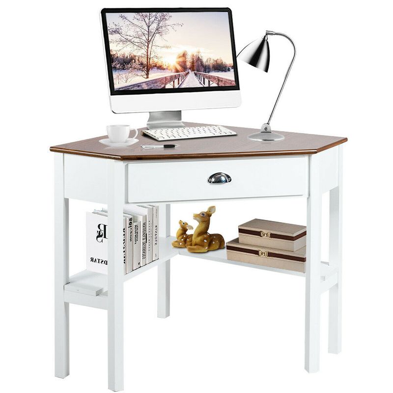 Costway Triangle Computer Desk Corner Office Desk Laptop Table w/ Drawer Shelves Rustic Natural &White, 1 of 9