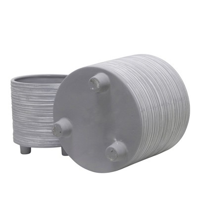 Gray Ceramic Footed Planter Set with Line Pattern, 8"