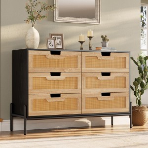 6 Drawer Dresser, Wooden Chest of Drawer, Farmhouse Storage Cabinet with Metal Legs - 1 of 4