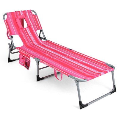 Tangkula Lounge Chair Beach Chair w/ Face Arm Hole Detachable Pillow Adjustable Backrest Side Pocket Outdoor Folding Chaise Sunbathing Chair Hot Pink