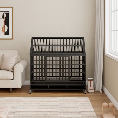 VisioGear 48" Folding Dog Cage with Wheels, Pointed Roof and Removable Tray for Large and Medium Dogs, Black, 48.8"*30.7"*48.8"