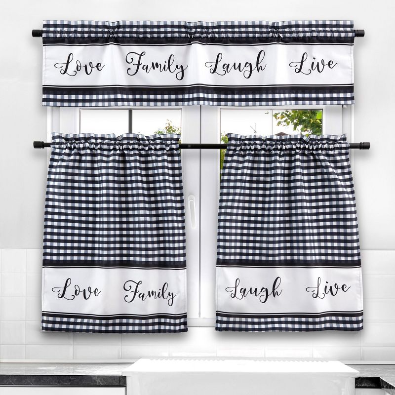 Farmlyn Creek 3 Piece Kitchen Curtains and Valances Set, 36 Inches Long for Window, Love Family Laugh Live, Black and White, 2 of 9