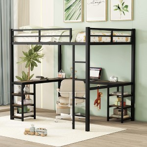 ALEXOUN Full Size Loft Bed with L Shaped Desk,Metal Loft Bed Frame with Storage Shelves, Heavy-Duty Kids Loft Beds with 2 Ladders for Teens,Black - 1 of 4
