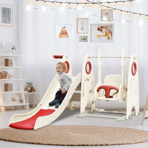 Toddler Swing Slide Set 4 In 1, Freestanding Climber Slide Playset With Basketball Hoop Indoor Outdoor Playground - 1 of 4