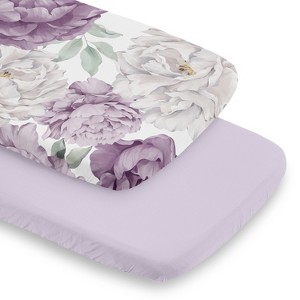 Sweet Jojo Designs Girl Baby Bassinet Fitted Sheets Set Peony Floral Garden Purple Ivory and Green 2pc - 1 of 4