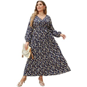 Women Plus Size V Neck Wrap Maxi Dress High Waist Ruffle Summer Casual Dress with Belt Long Sleeve,navy blue yellow flower - 1 of 4