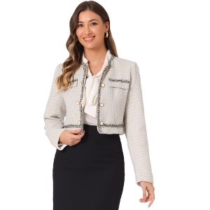 INSPIRE CHIC Women's Double Breasted Open Front Elegant Plaid Tweed Crop Blazer - 1 of 4