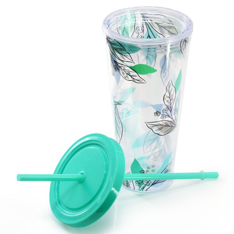Gibson Home Tropical Sway Vineyard 6 Piece 24 Ounce Double Wall Plastic Tumbler Set with Lid & Straw in Teal, 5 of 6