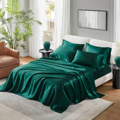 Lyngins Satin Luxury Bed Sheets Set, Wrinkle-Free Split King Bedding Set, 1 Flat Sheet, 2 Fitted Sheets (Fits 16" Mattresses), 4 Pillowcases