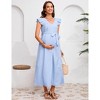 Maternity V Neck Dress Ruffle Cap Sleeve Summer Pleated Midi Dress with Belt Baby Shower Photoshoot - 3 of 4