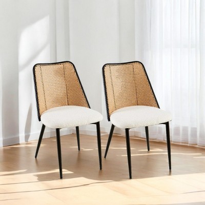 Coolbibila Rattan Kitchen Dining Chairs Set Of 2,Boucle Upholstered Armless Kitchen Dining Chair,Natural Rattan Back Kitchen Dining Chair