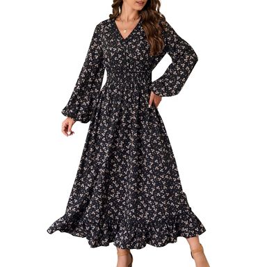 Clearlove Women's Floral Maxi Dress Long Sleeve V Neck Casual A Line Long Flowy Party Dresses - Black small yellow flower,Large