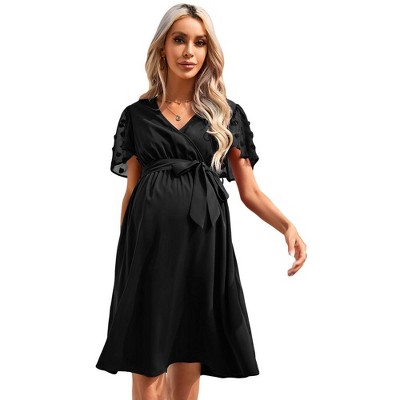 Women Maternity Swiss Dot Short Sleeve V Neck Summer Wrap Mini Dress Casual Nursing Dress Baby Shower Photoshoot Belt