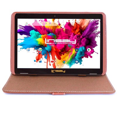 LINSAY® 10.1" Octa Core 128GB Storage Android 14 Tablet Dual Camera Android with Brown Leather Case