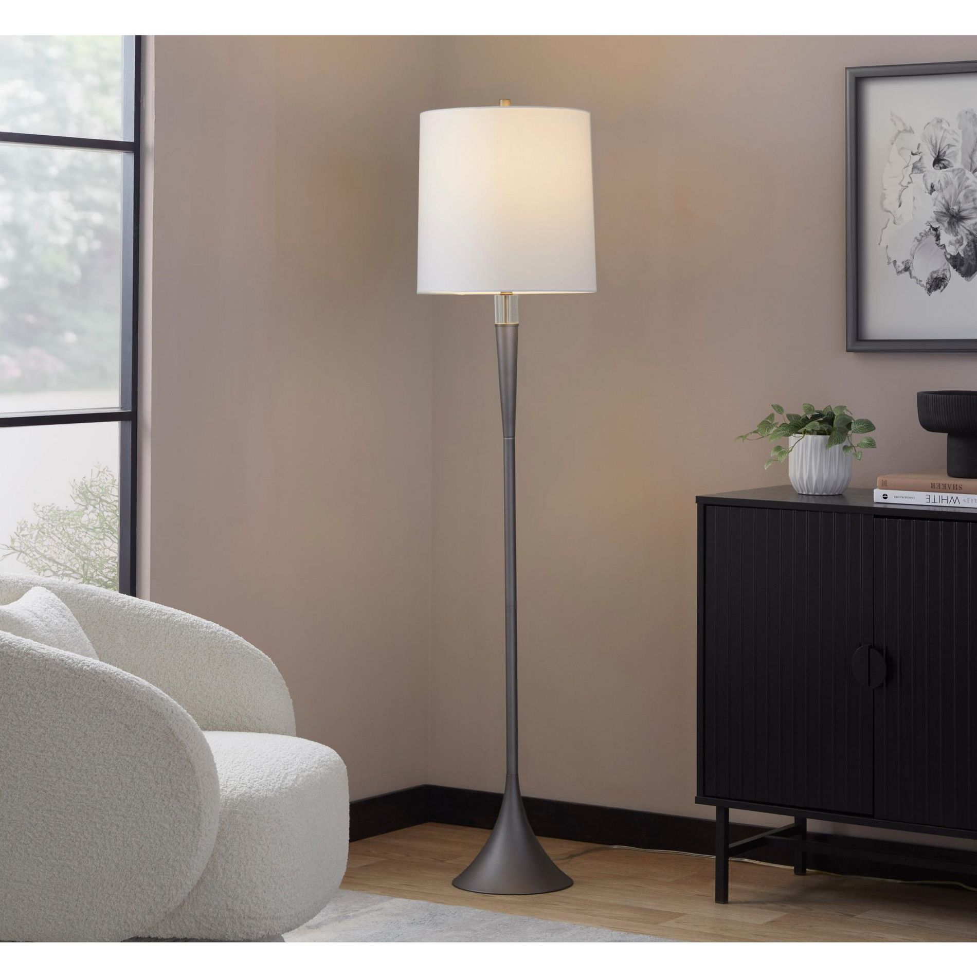 Contemporary Metal Floor Lamp Set of 2, Cast Iron Base, Clear K9 Crystal, White Linen Shade, 3-Way Switch, 60 Inch