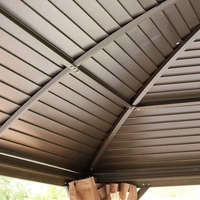 Brown Aluminum and Steel Hardtop Gazebo with Curtains and Netting