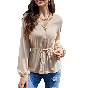 Womens Long Sleeve Shirts Front Button Down V Neck Blouse Waist Drawstring Peplum Blouse Casual Tops with Gathered Cuff,Apricot - L - 1 of 4