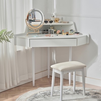 Corner Vanity Desk with Mirror and Stool, Modern White Makeup Table with LED Light & Storage for Small Bedrooms or Apartments-Cuddlewood