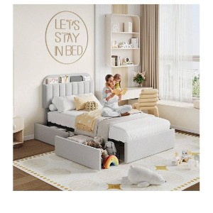 2025 New Bed Frame With 2 Flexible Drawers And Bookcase Headboard, Boucle Upholstered Platform Bed For Boys/Girls, Noise-Free, Easy Assembly, No Box - 1 of 4