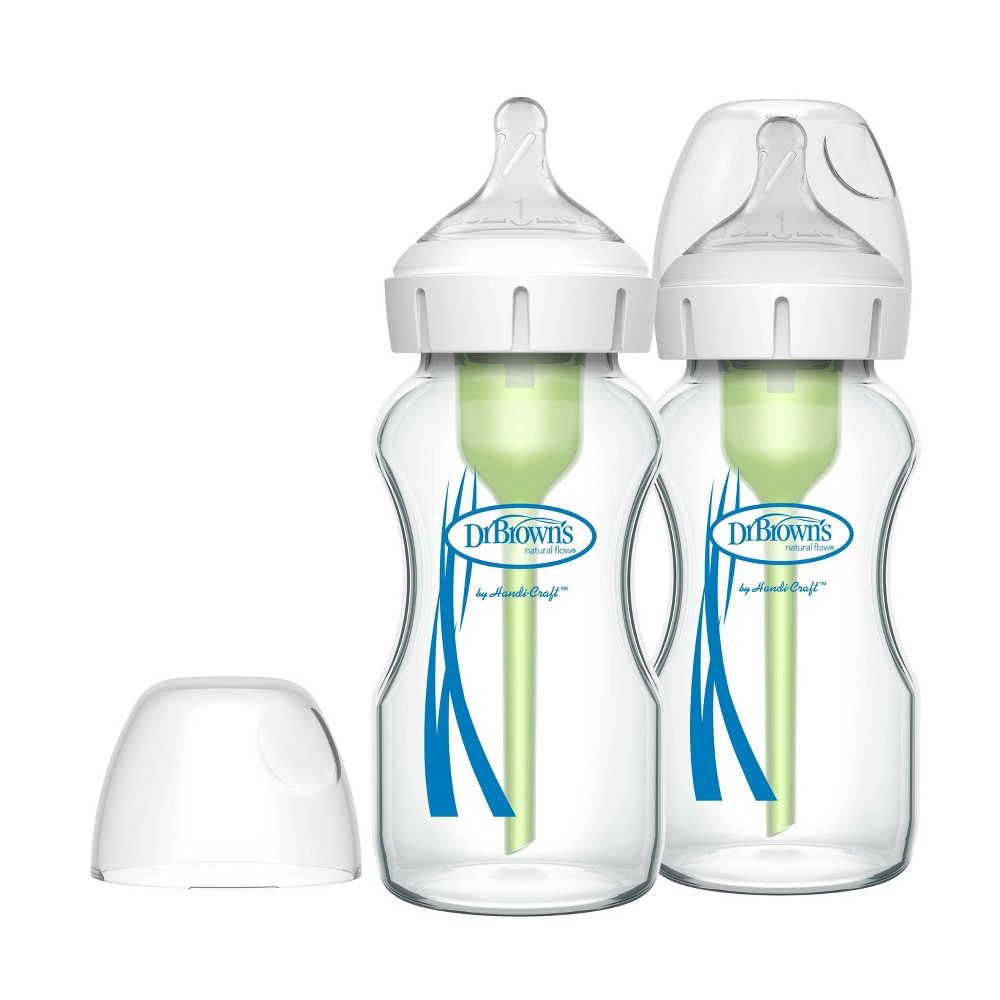 Dr. Brown's 9oz Anti-Colic Options+ Wide-Neck Glass Baby Bottle with Level 1 Slow Flow Nipple - 2pk - 0m+