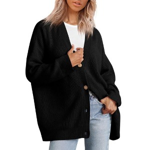 Coolmee Women's Cardigan Sweaters Casual Fall Open Front Oversized Button V Neck Loose Knit Outwear - 1 of 4