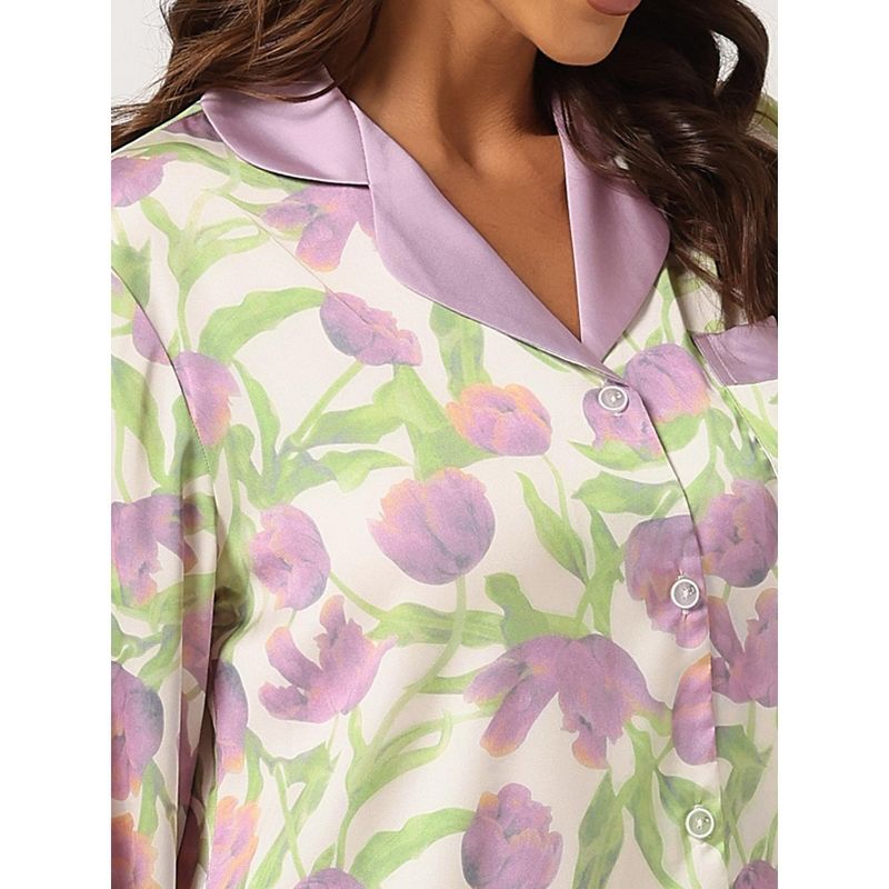 cheibear Women's Satin Floral Long Sleeves Shirts with Pants Lounge Pajama Set, 4 of 6