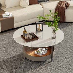 Artloge Round Coffee Side Table with Sintered Stone-Top Microfiber Saddle Leather Shelf - 1 of 4