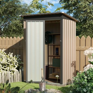 Angel Sar 4.27FT x 2.42FT Metal Garden Shed, 5x3 FT Pent Roof Outdoor Storage with Hinge Door, Galvanized Steel - 1 of 4
