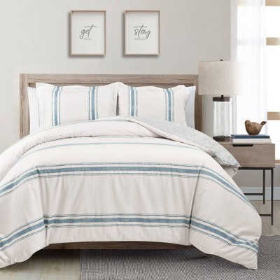 Full/Queen 3pc Farmhouse Stripe Duvet Set Blue - Lush Décor