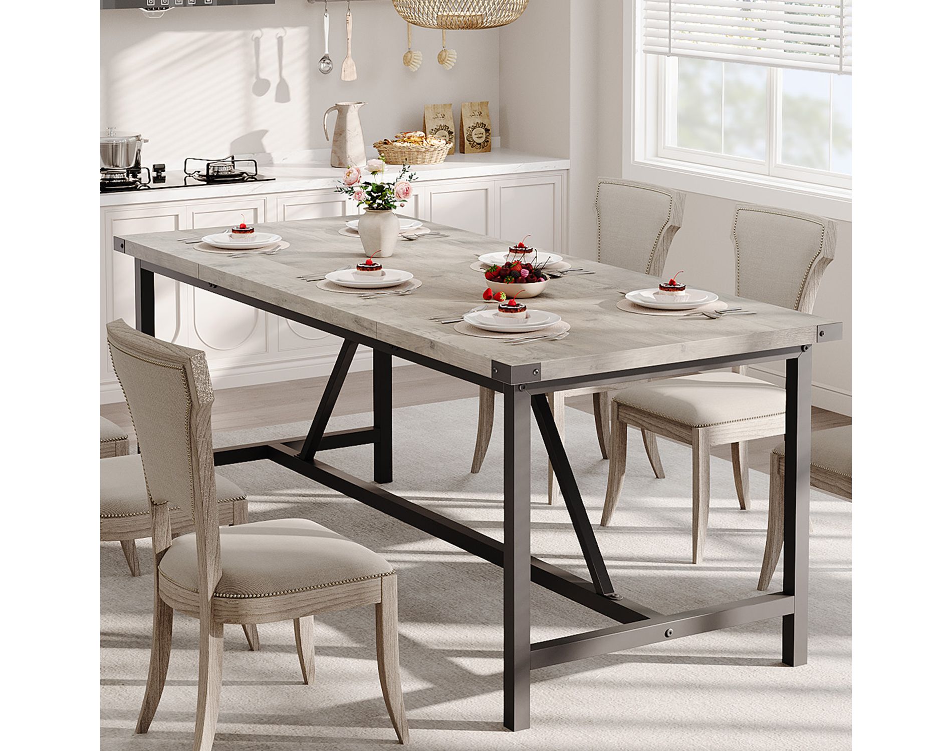 Rectangle Dining Table for 6-8 People, 70.87" Heavy Duty Industrial Wood Kitchen Dinner Table, Large Spaces, Easy Assembly, Retro Gray