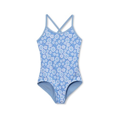 Lands' End Kids Chlorine Resistant Reversible One Piece Swimsuit - Small - Blue Poppy Floral