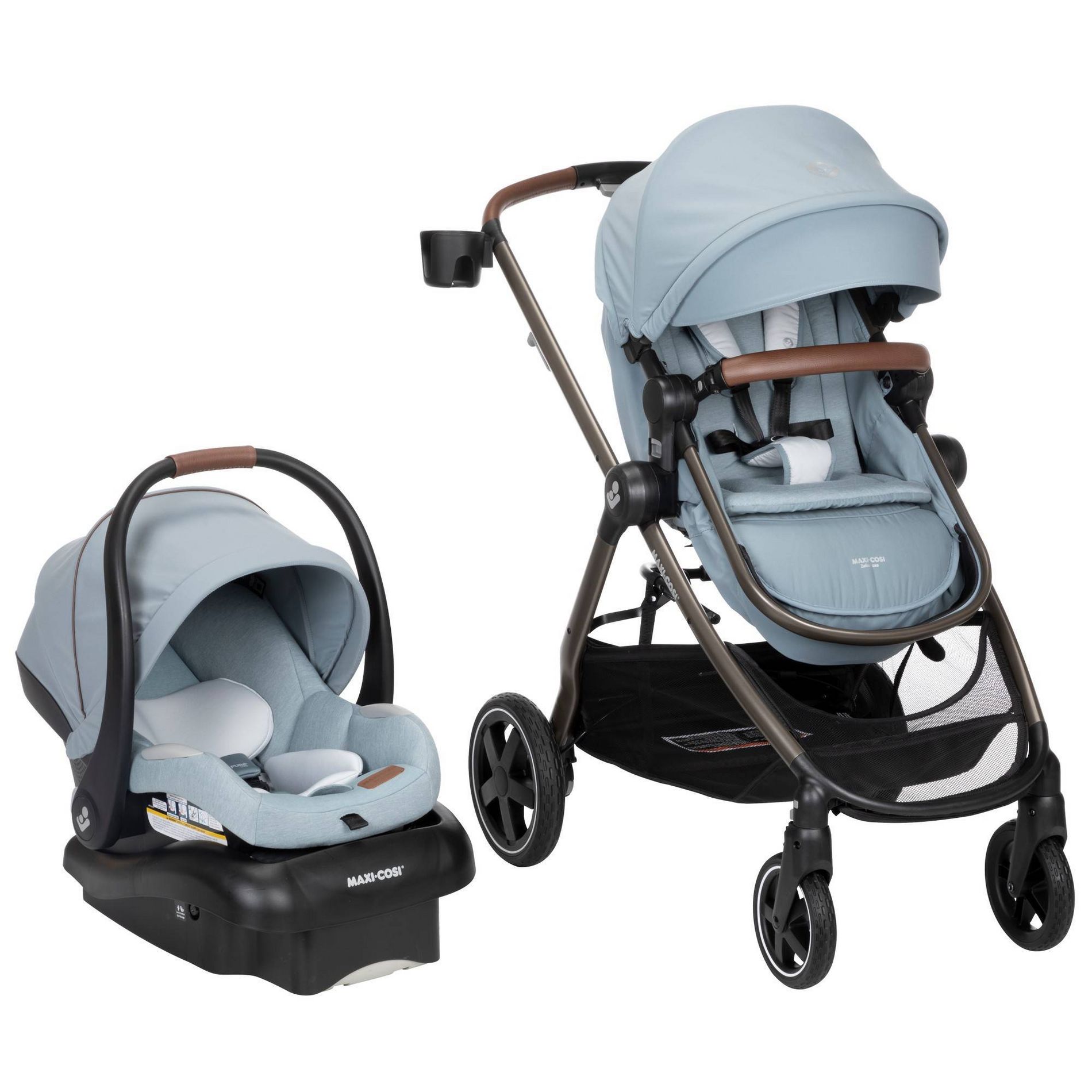 Maxi-Cosi Zelia Luxe Travel System - New Hope Gray: Bassinet Reclining Seat, Rubber Tires, One-Hand Fold