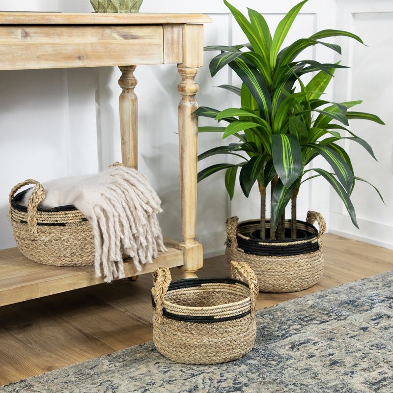 Northlight Set of 3 Khaki and Black Braid Weave Seagrass Storage Baskets with Handles 13.75", 2 of 7