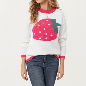 Anna-Kaci Women's Strawberry Graphic Knit Sweater with Cute Fruit Design Ribbed Crew Neckline and Relaxed Long Sleeve Fit - 1 of 4