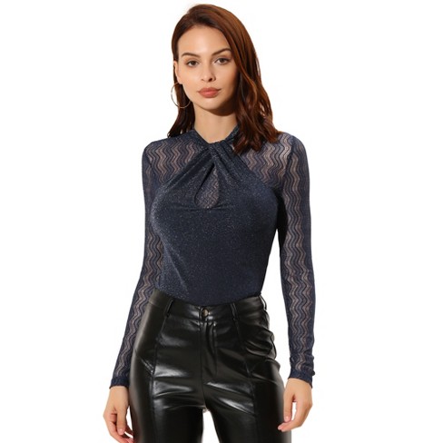 Allegra K Women's Party Tops Twist Neckline Glitter Sheer Mesh Long Sleeve  Blouse Dark Blue X Large