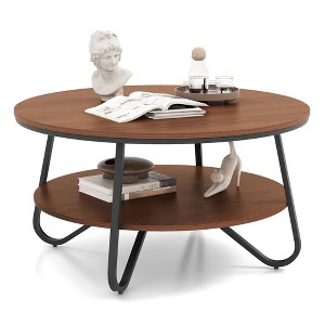 Costway 2-Tier Round Coffee Table with Wood Grain Finish & Heavy-duty Metal Frame - 1 of 4