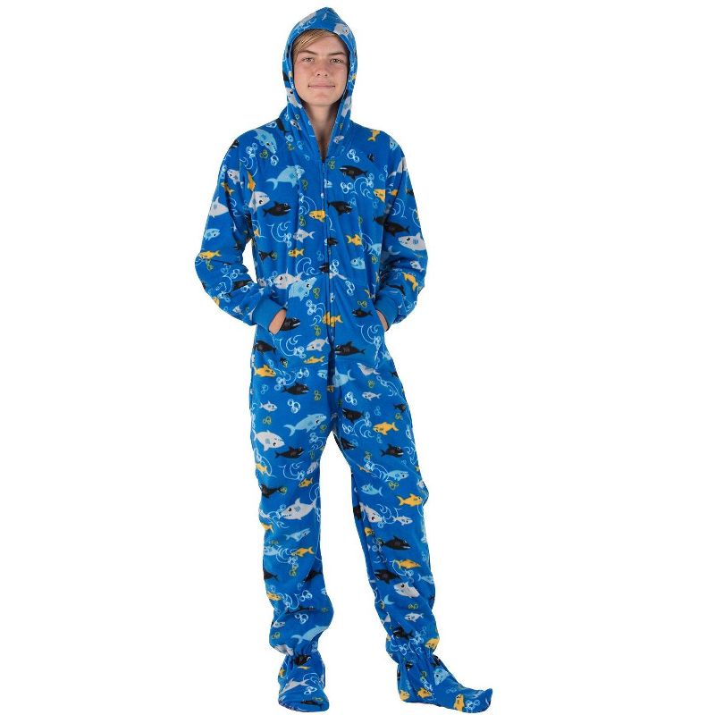 Footed Pajamas - Family Matching - Shark Frenzy Hoodie Fleece Onesie For Boys, Girls, Men and Women | Unisex, 1 of 5