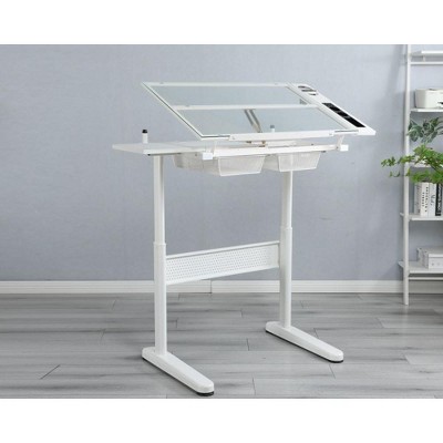 Professional Drawing Desk, Hand Crank Angle Adjustable Drafting Table With 2 Metal Drawers Tempered Glass Tabletop For Reading Writing