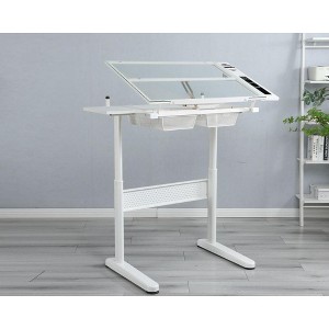 Professional Drawing Desk, Hand Crank Angle Adjustable Drafting Table With 2 Metal Drawers Tempered Glass Tabletop For Reading Writing - 1 of 4