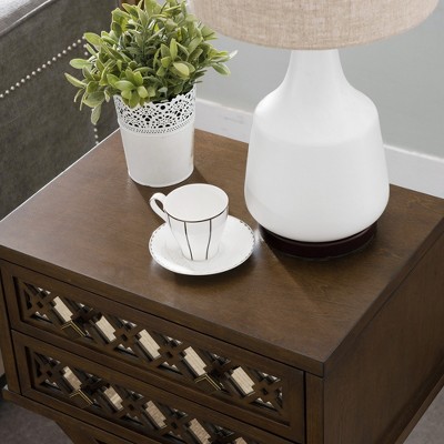 Walnut Mirrored Diamond Filigree 2-Drawer X Base Nightstand