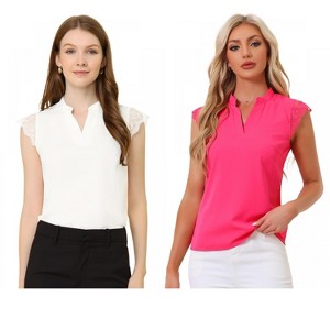 INSPIRE CHIC Women's Work Office V Neck Stand Collar Lace Cap Sleeve Basic Blouse 2 Pieces - 1 of 4