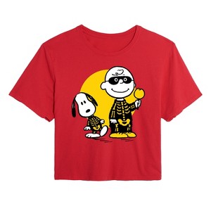 Women's - Peanuts - Charlie And Snoopy Skeleton Cropped Graphic T-Shirt - 1 of 4