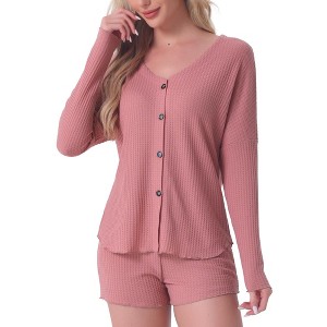 cheibear Women's Waffle Knit Button-Up Long Sleeve Top and Shorts Pajama Set - 1 of 4