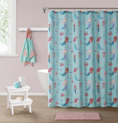 Kate Aurora Montauk Accents Complete 5 Piece Juvi Mermaid Themed Fabric Shower Curtain Bathroom Set