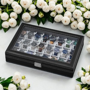 24-Slot Watch Box, Lockable Storage Case with Glass Lid, Ink Black Synthetic Leather, Dove Gray Lining - Perfect Gift Idea - 1 of 3