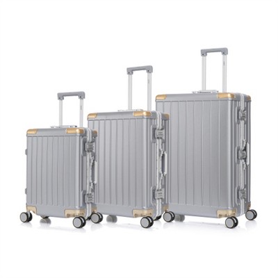 BEAFUP 3-Piece PC+Aluminum Frame Luggage Set with Password Lock - 20", 24", 28" Stylish Suitcases for Travel, Grey